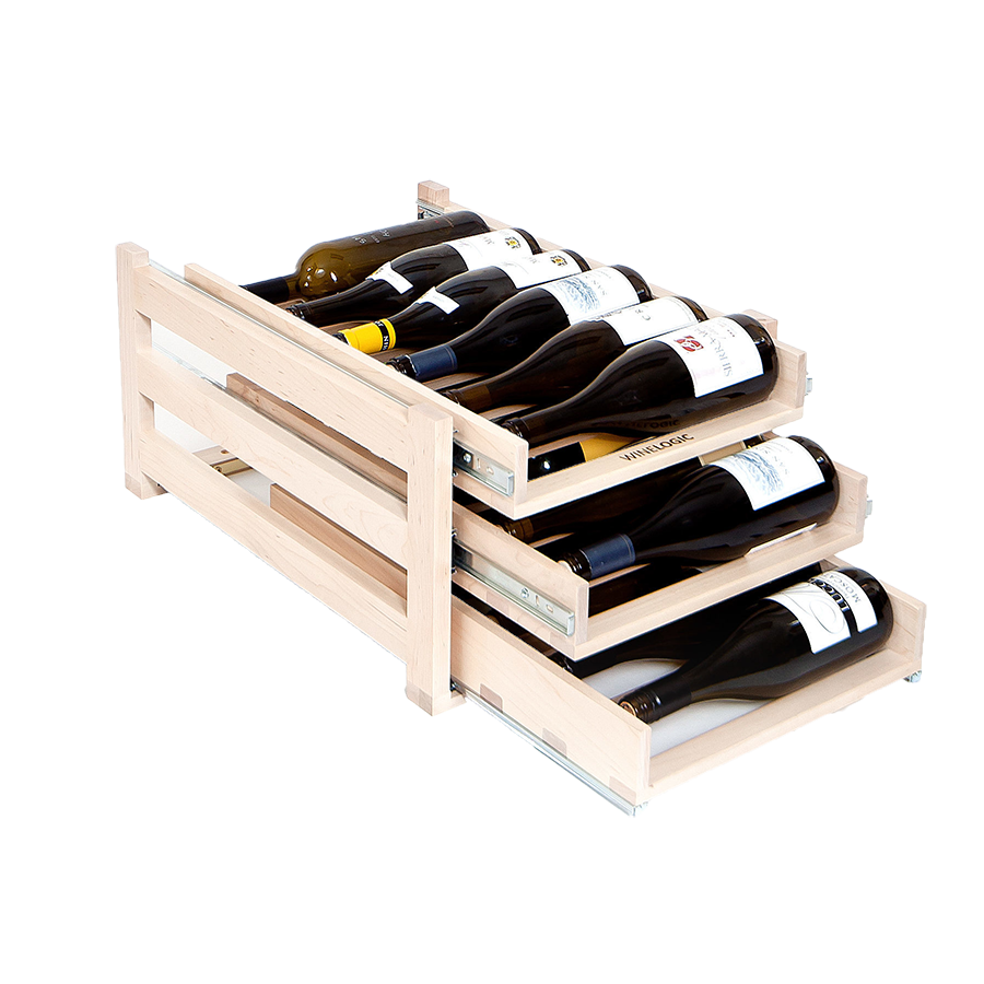 The Wine Logic in-cabinet storage rack stocked with red wine.